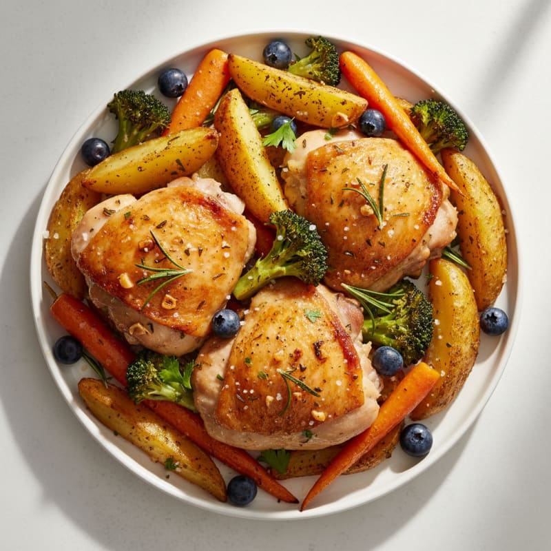 Oven-Baked Chicken Thighs with Crispy Potato Wedges and Roasted Carrots