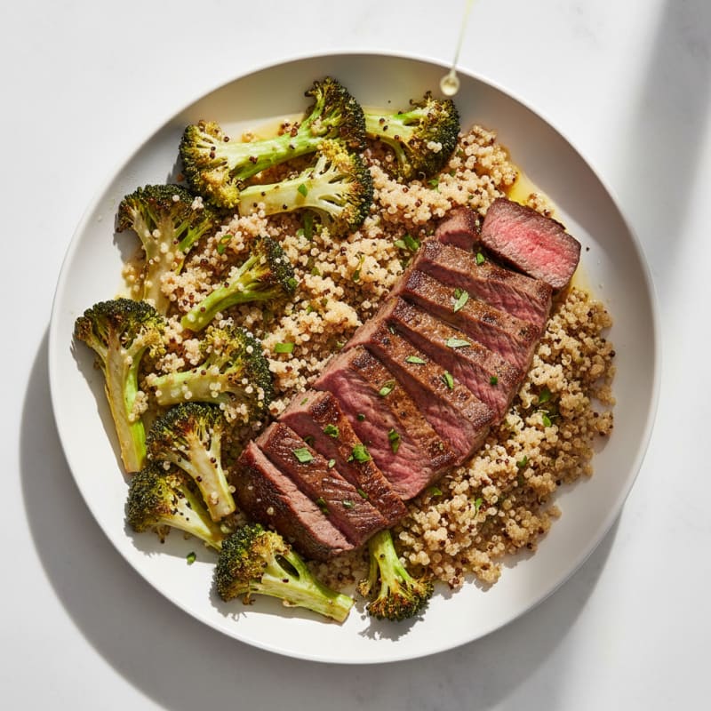 Seared Sirloin with Roasted Broccoli and Quinoa