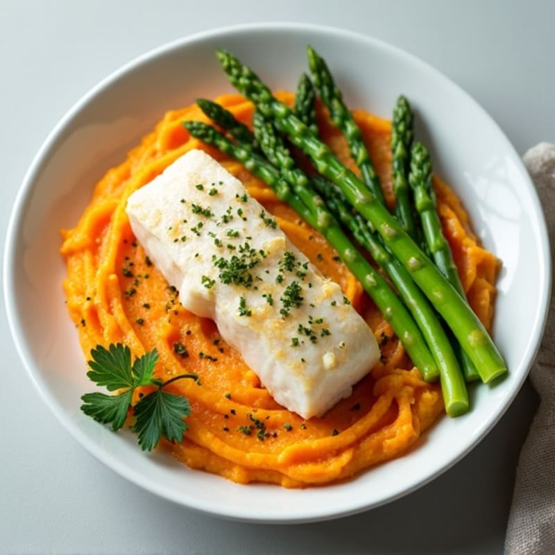 Seared White Fish with Lemon Herb Asparagus and Sweet Potato Mash