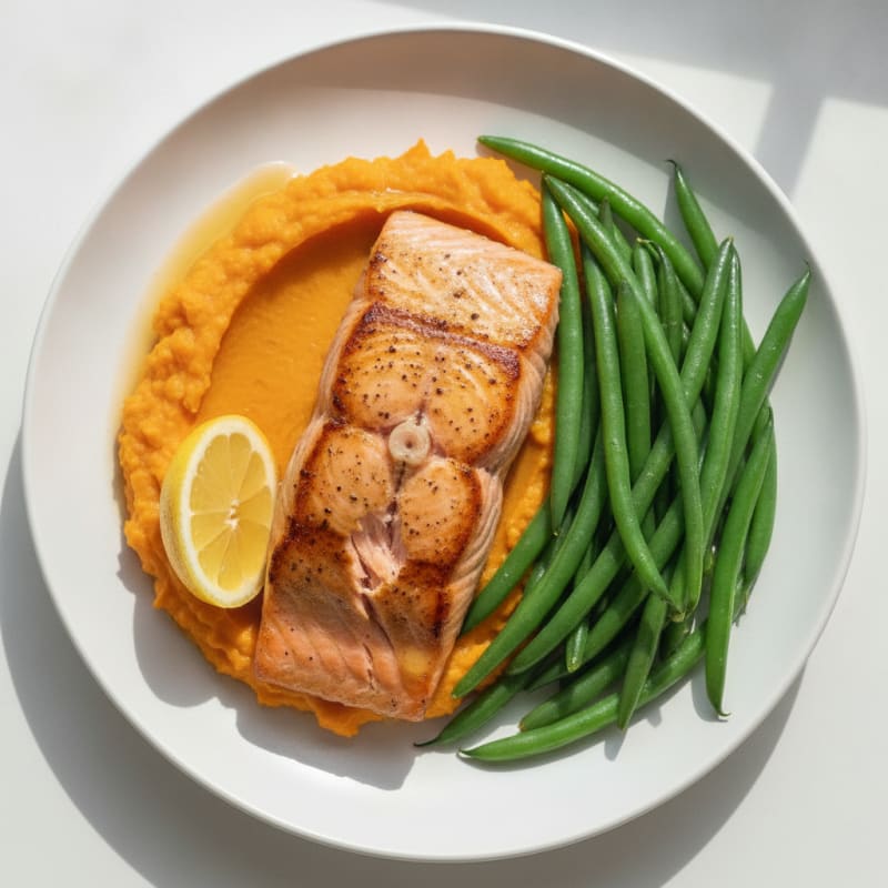 Seared Salmon with Steamed Green Beans and Sweet Potato Mash