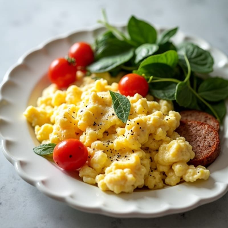 Creamy Scrambled Eggs with Wilted Spinach and Cherry Tomatoes