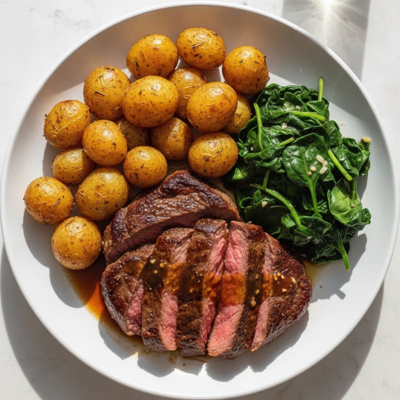 Seared Steak with Herb-Roasted Potatoes and Sautéed Spinach