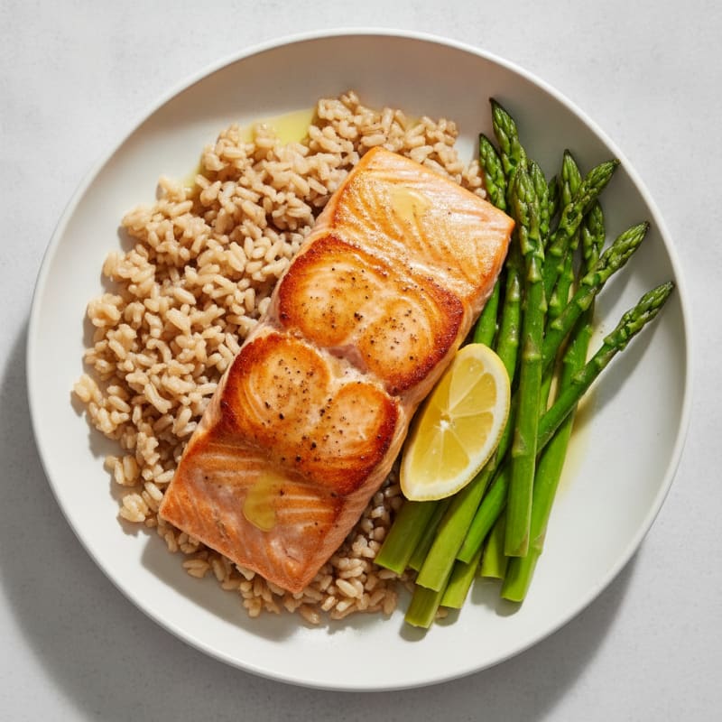 Seared Salmon with Steamed Asparagus and Brown Rice
