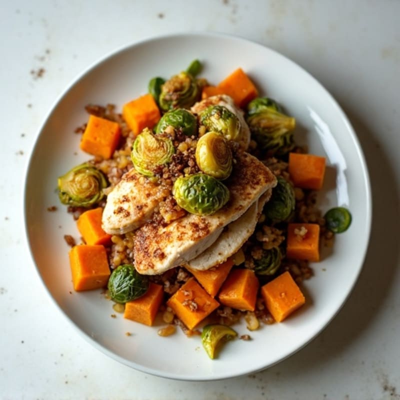 Sweet Potato and Chicken Hash with Crispy Brussels Sprouts
