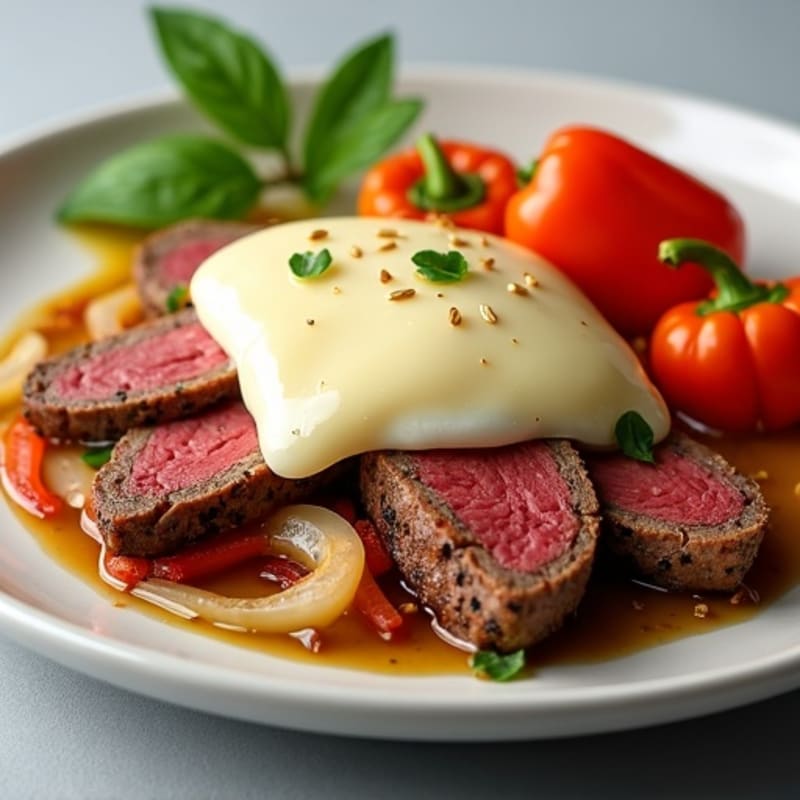 Seared Lean Beef with Sautéed Peppers, Onions, and Creamy Provolone