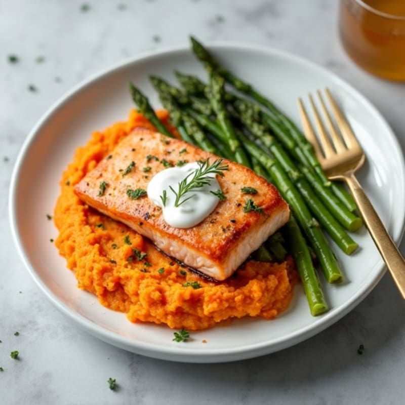 Seared Salmon Fillet with Roasted Asparagus and Sweet Potato Mash