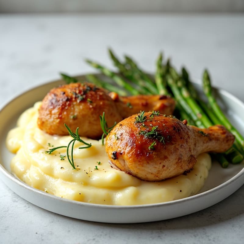 Herb-Roasted Chicken Drumsticks with Garlic Mashed Potatoes and Crispy Asparagus