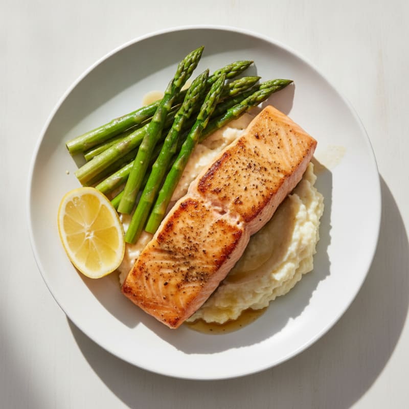Seared Salmon Fillet with Steamed Asparagus and Garlic Cauliflower Mash