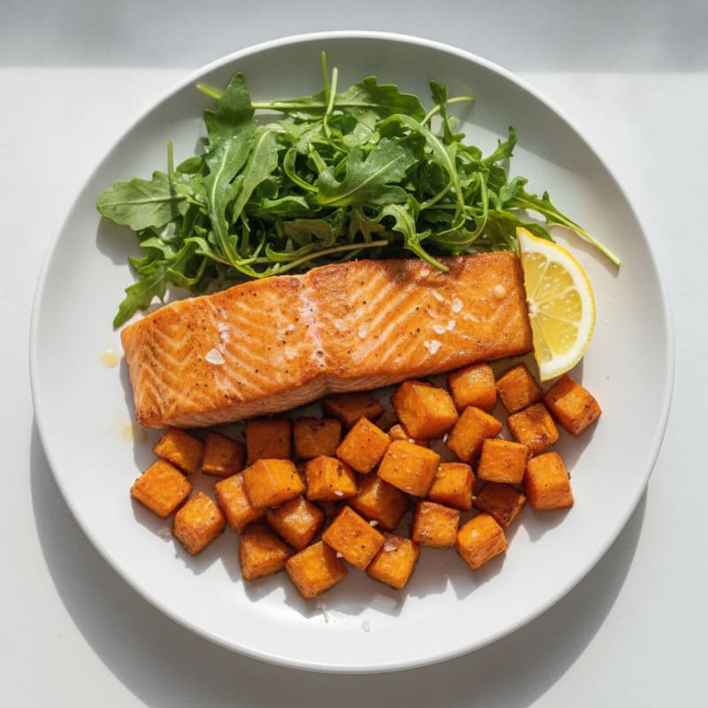 Seared Salmon with Roasted Sweet Potato and Arugula Salad