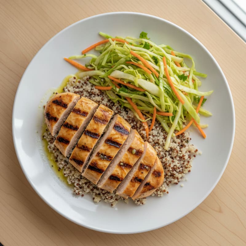 Grilled Chicken Breast with Crunchy Cabbage Slaw and Quinoa