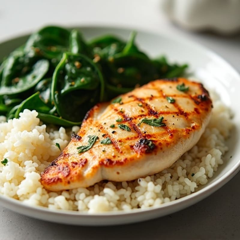 Seared Chicken Breast with Garlic Rice and Sautéed Spinach