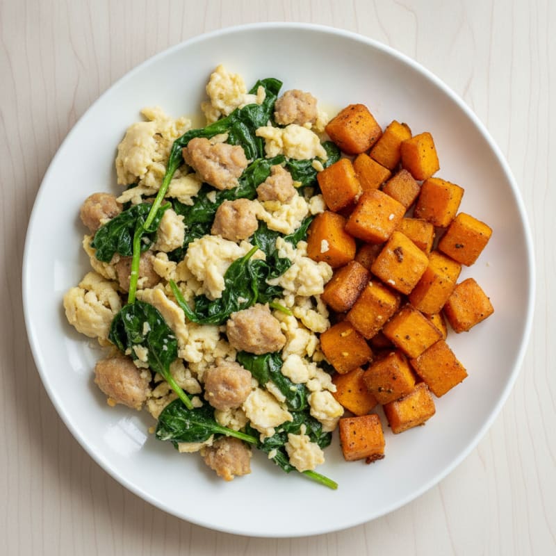 Egg White and Turkey Sausage Scramble with Spinach and Roasted Sweet Potatoes