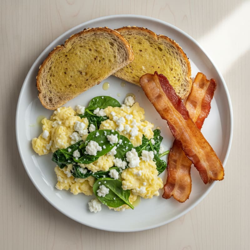 Cottage Cheese Scramble with Spinach and Turkey Bacon