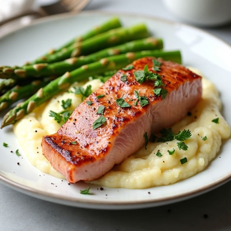 Seared Tuna Steak with Roasted Asparagus and Cauliflower Mash
