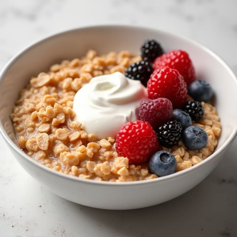 Creamy Vanilla-Cinnamon Oats with Greek Yogurt and Fresh Berries