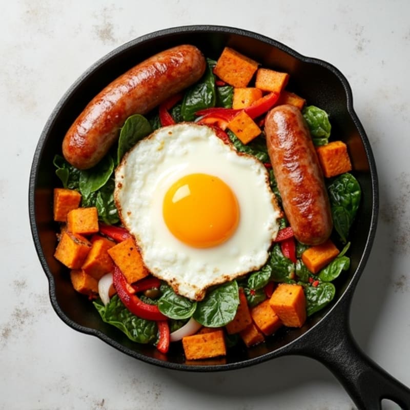Loaded Breakfast Skillet with Crispy Sweet Potatoes and Lean Sausage