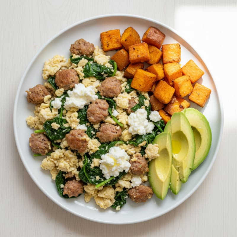 Egg White and Turkey Sausage Scramble with Cottage Cheese and Spinach