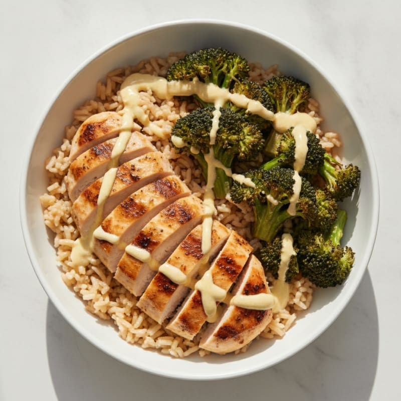 Grilled Chicken Rice Bowl with Roasted Broccoli and Lemon Tahini Drizzle