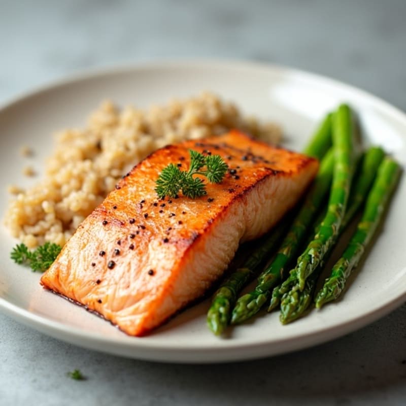 Seared Salmon with Steamed Asparagus and Brown Rice