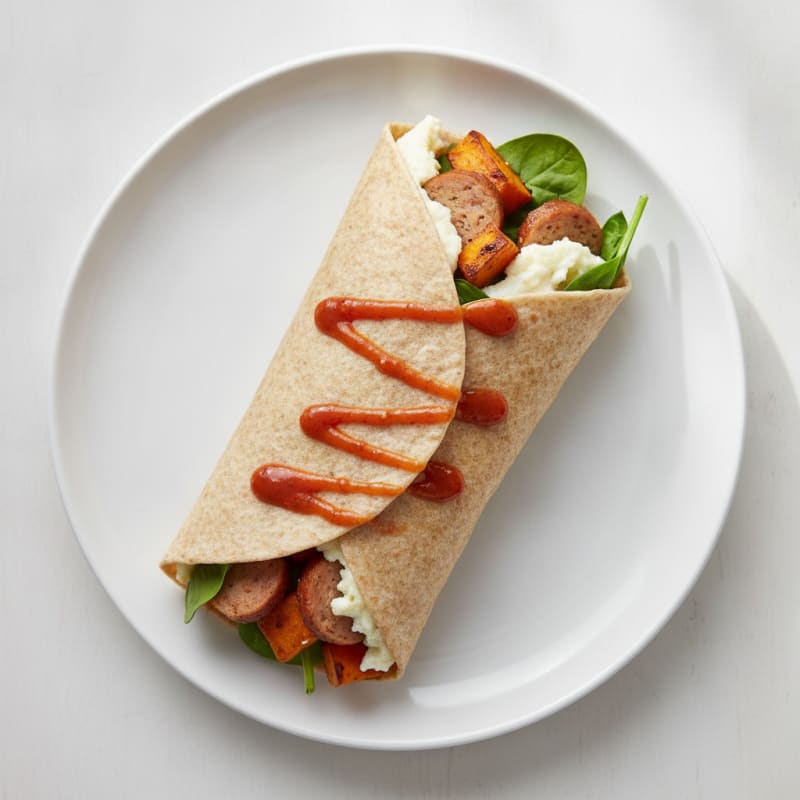 Egg White and Chicken Sausage Breakfast Wrap with Roasted Sweet Potatoes