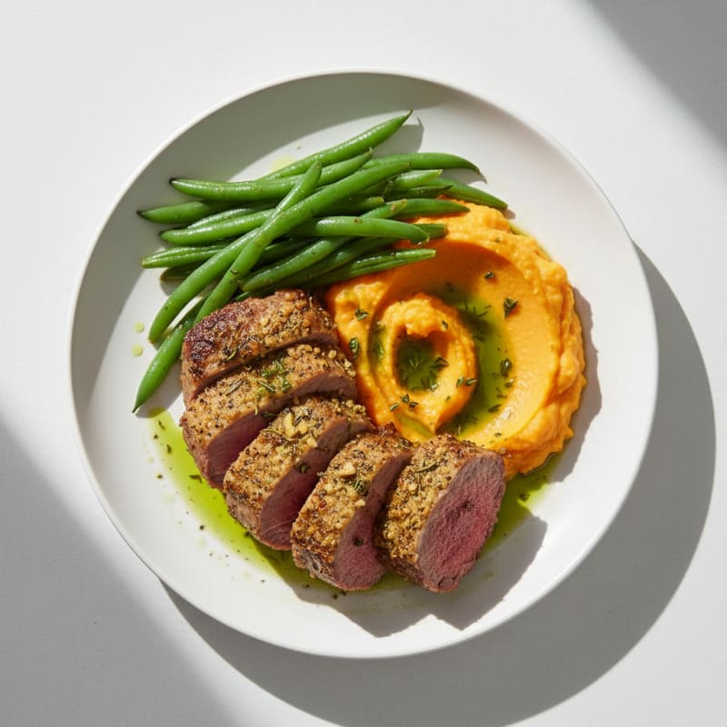 Herb-Roasted Lamb with Steamed Green Beans and Sweet Potato Mash