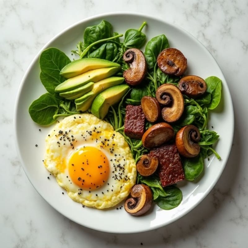 Egg White and Spinach Scramble with Sautéed Mushrooms & Beef Salad