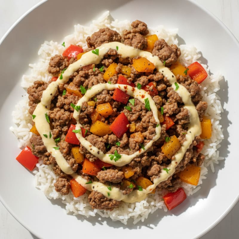 Ground Beef and Bell Pepper Rice Bowl