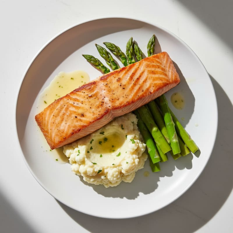 Seared Salmon with Steamed Asparagus and Garlic Mashed Cauliflower
