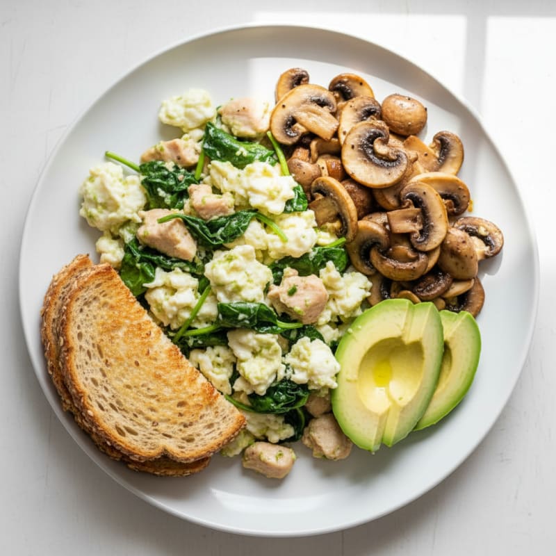 Chicken and Spinach Egg White Scramble with Sautéed Mushrooms