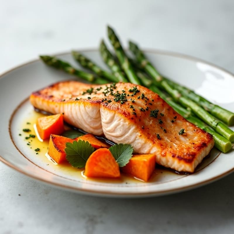 Seared Salmon Fillet with Roasted Sweet Potatoes and Asparagus