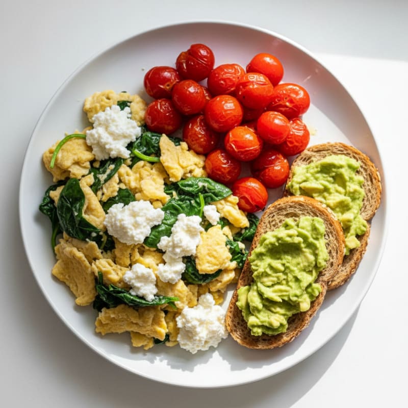 Egg White Spinach Scramble with Cottage Cheese and Cherry Tomatoes