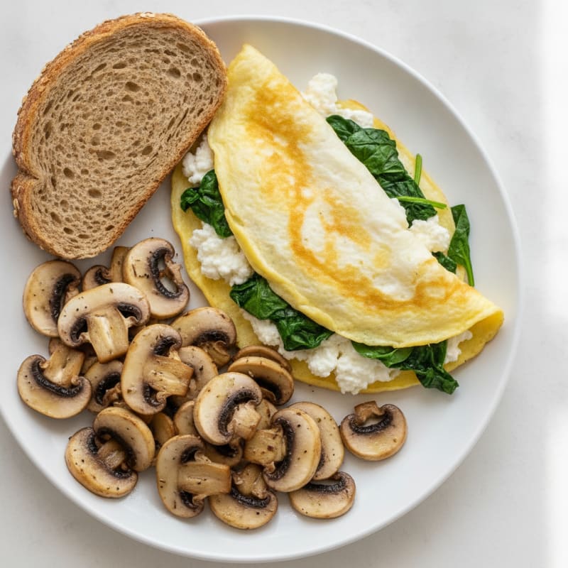 Egg White Spinach Omelette with Cottage Cheese and Sautéed Mushrooms