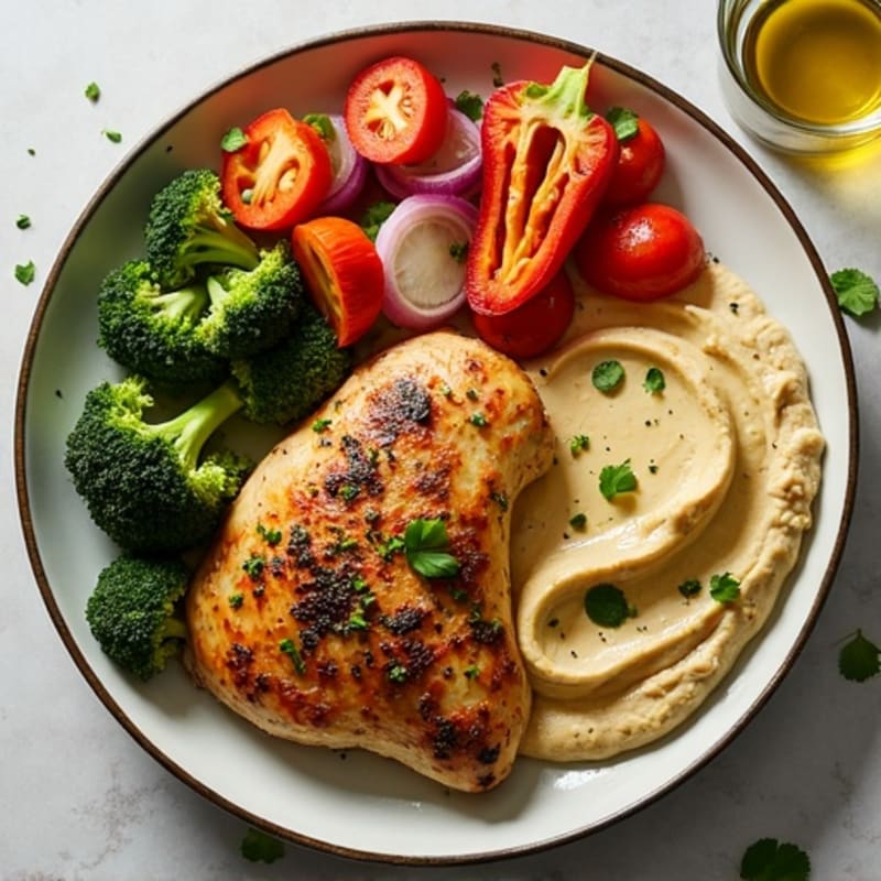 Sheet Pan Herb-Roasted Chicken and Crispy Vegetables with Creamy Hummus