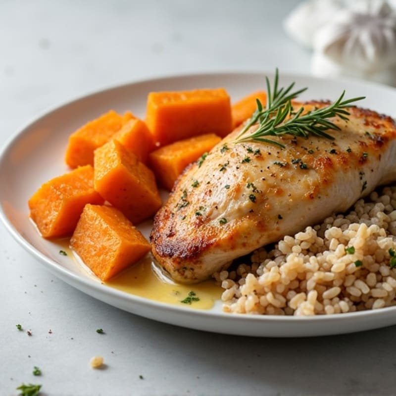 Garlic Herb Roasted Chicken with Roasted Sweet Potatoes and Brown Rice
