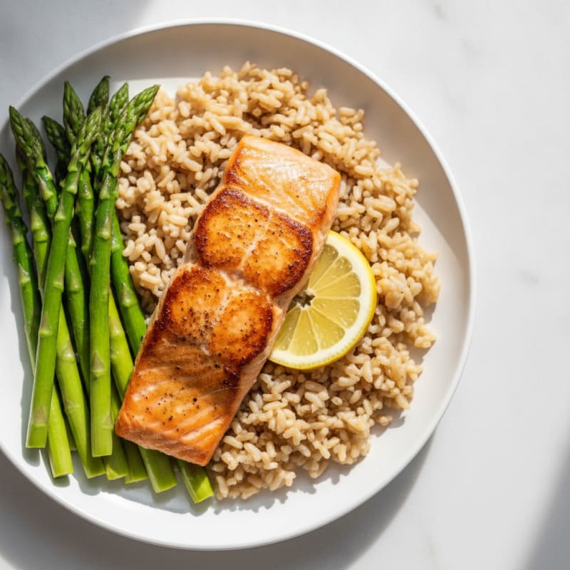 Seared Salmon Fillet with Steamed Asparagus and Brown Rice