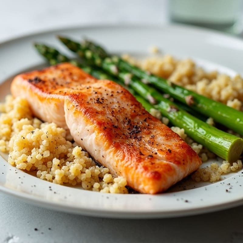 Flaky Baked Salmon with Garlic Roasted Asparagus and Quinoa