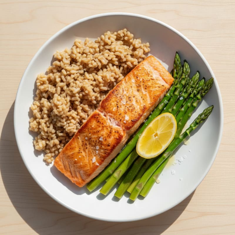 Seared Salmon with Steamed Asparagus and Brown Rice