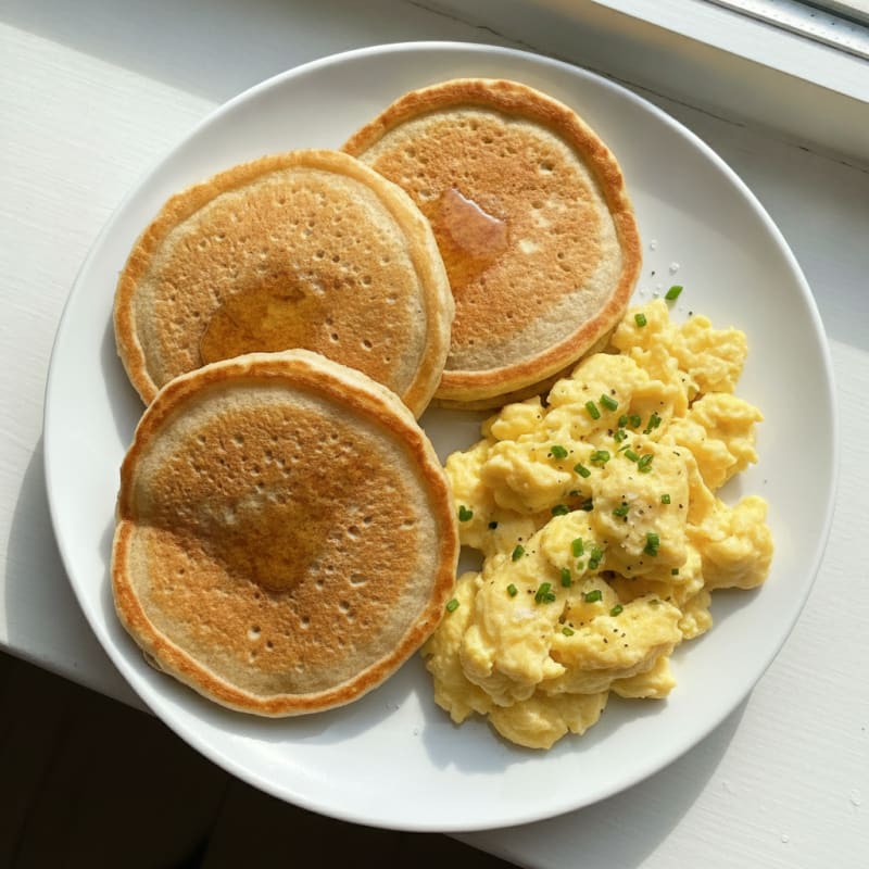 Fluffy Buttermilk Pancakes with Scrambled Eggs