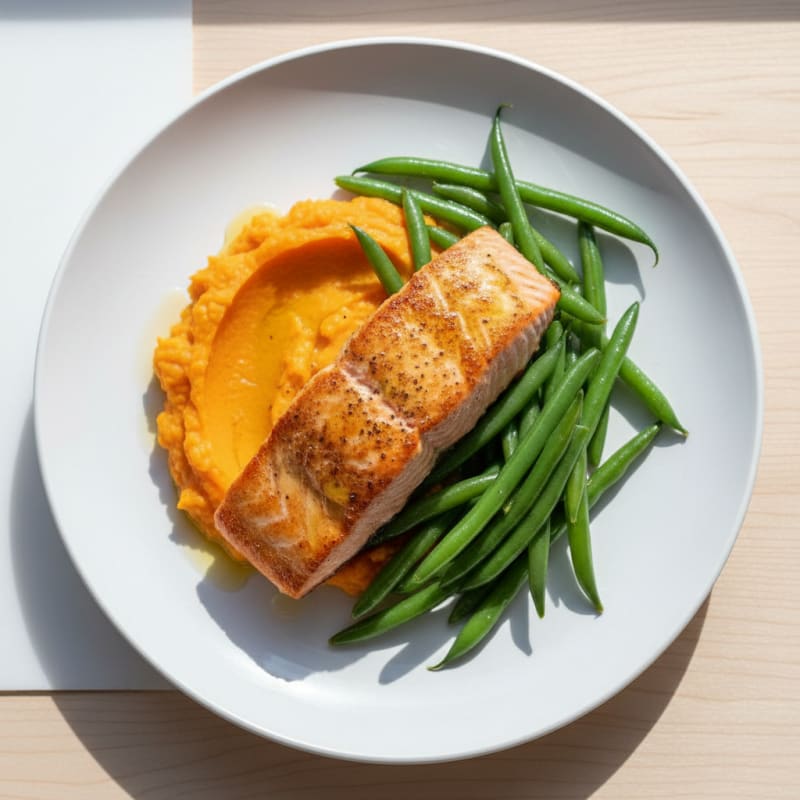 Seared Salmon with Steamed Green Beans and Sweet Potato Mash