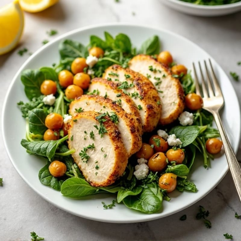 Lemon-Herb Chicken with Fresh Greens, Crispy Chickpeas, and Feta Salad