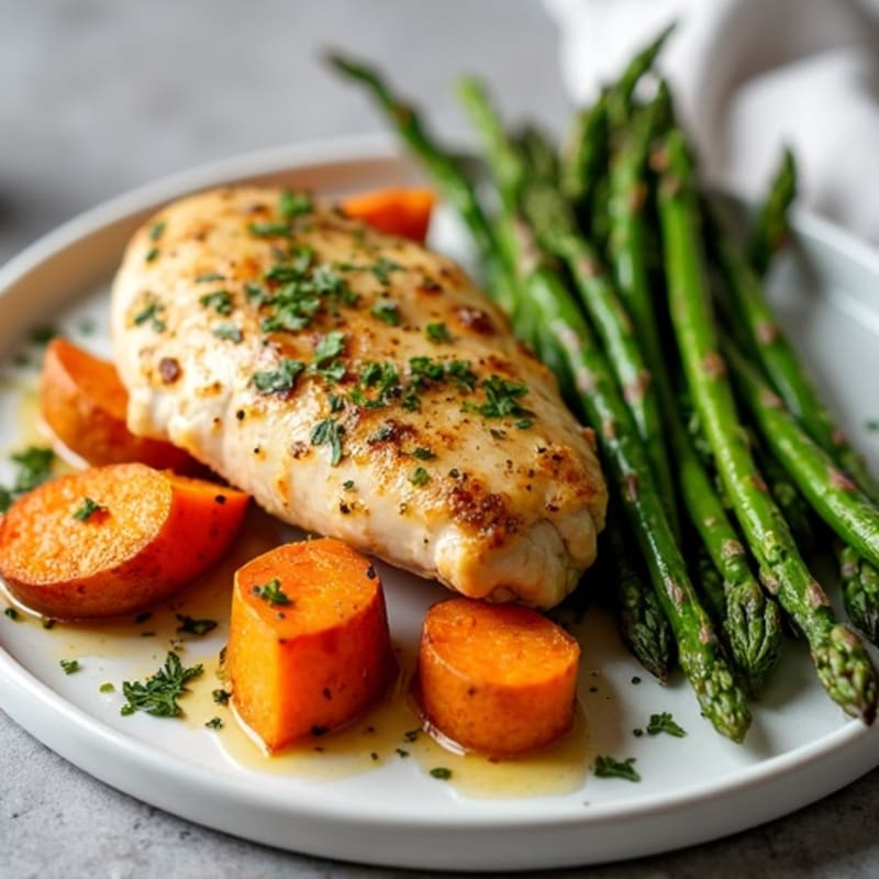Sheet Pan Lemon Herb Chicken with Roasted Asparagus and Sweet Potatoes