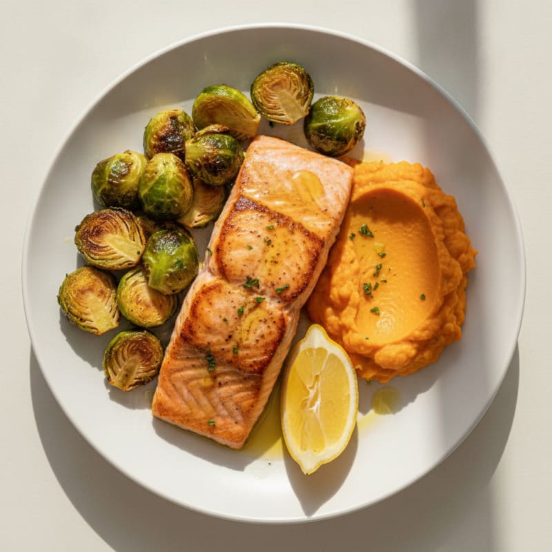 Seared Salmon Fillet with Roasted Brussels Sprouts and Sweet Potato Mash