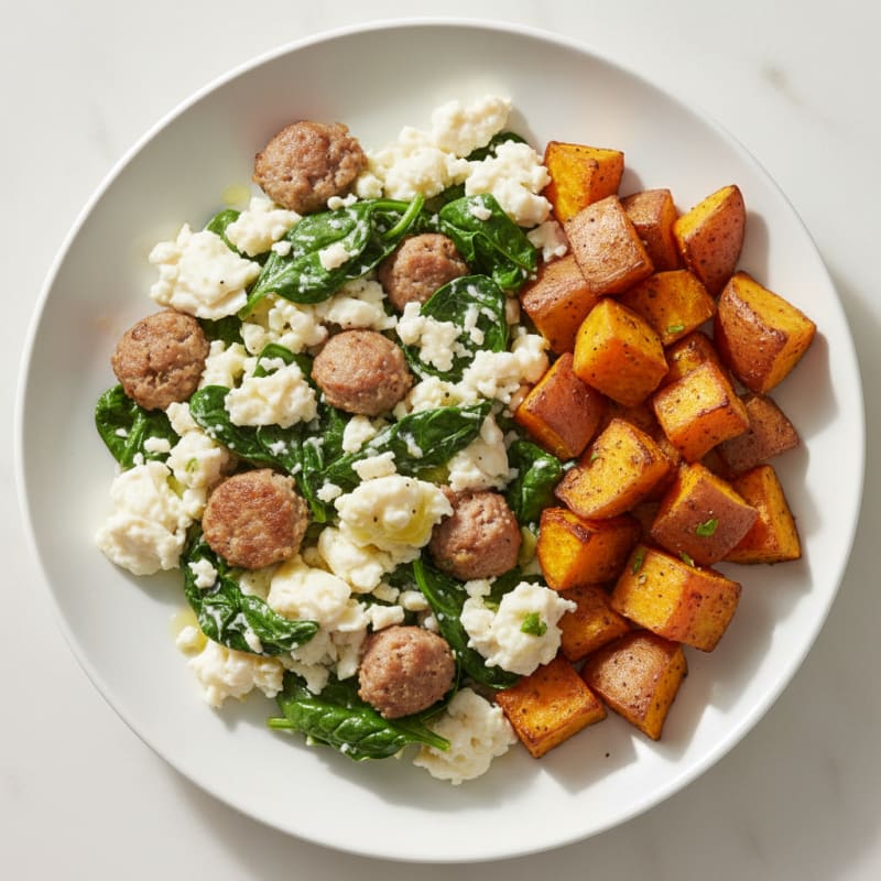 Egg White and Turkey Sausage Scramble with Spinach and Roasted Sweet Potatoes