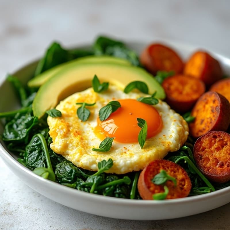 Egg White Spinach Scramble with Turkey Sausage and Roasted Sweet Potato
