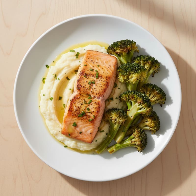 Seared Salmon Filet with Roasted Broccoli and Garlic Mashed Cauliflower