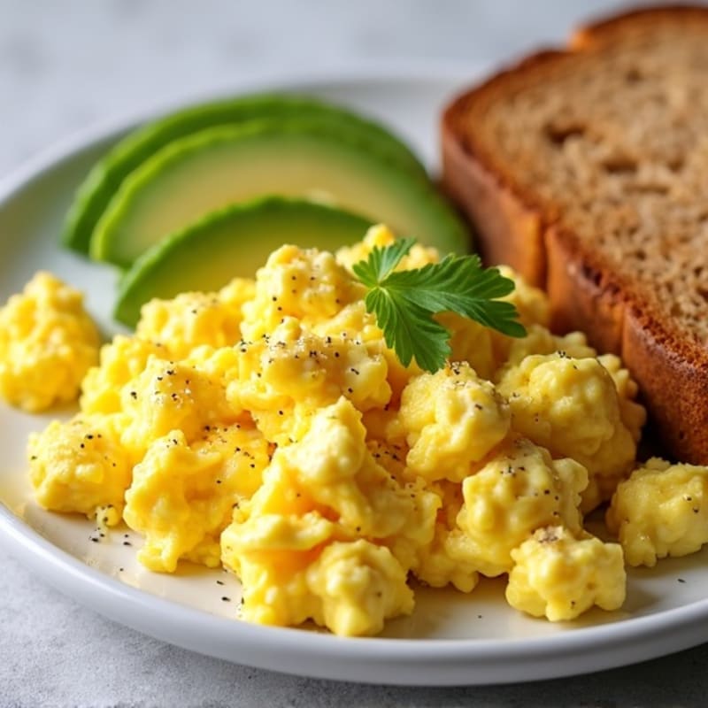 Creamy Scrambled Eggs with Whole Grain Toast and Fresh Avocado