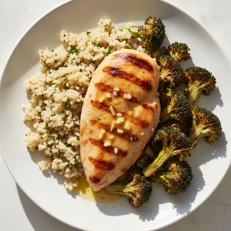 Grilled Lemon-Garlic Chicken Breast with Quinoa and Roasted Broccoli