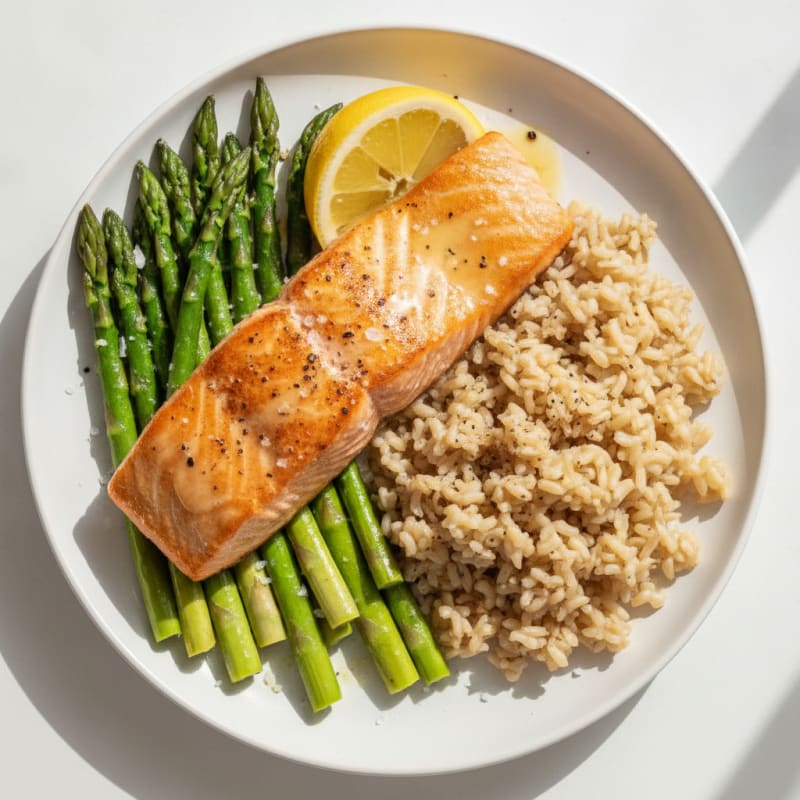 Seared Salmon Fillet with Steamed Asparagus and Brown Rice