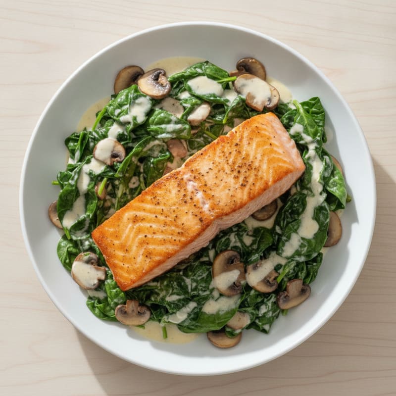 Pan-Seared Salmon with Creamed Spinach and Mushrooms