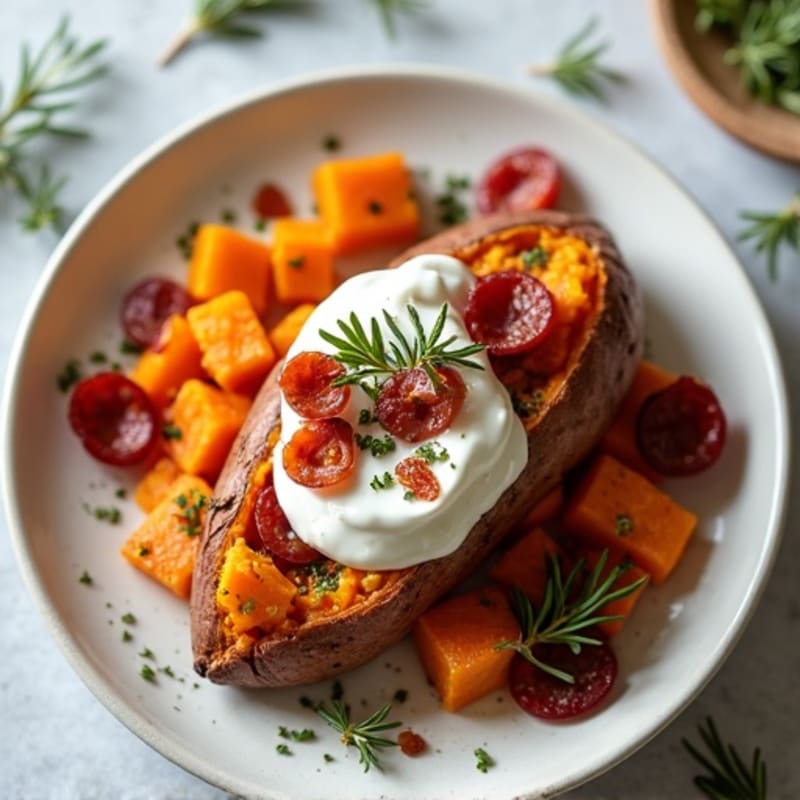 Herb-Roasted Sweet Potato with Greek Yogurt and Turkey Bacon